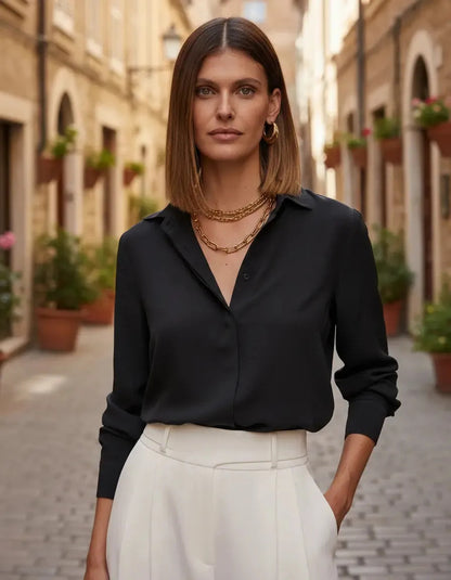 Camisa Seda Feminina Botão Gringa Blusa Moda Clássica 2026