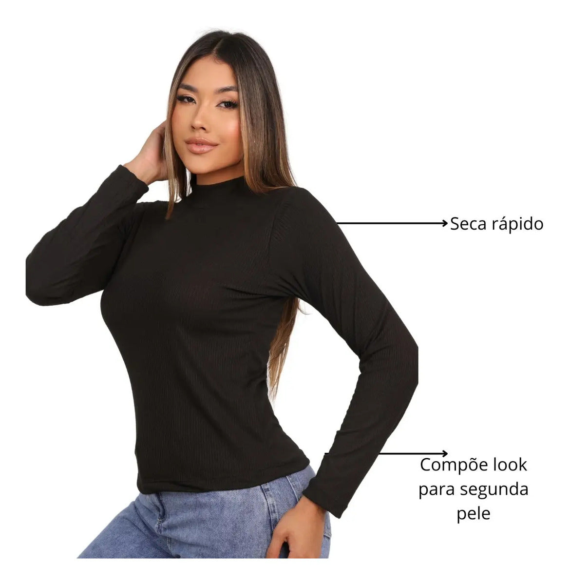 Blusa Feminina Canelada Gola Alta Manga Comprida Cacharrel