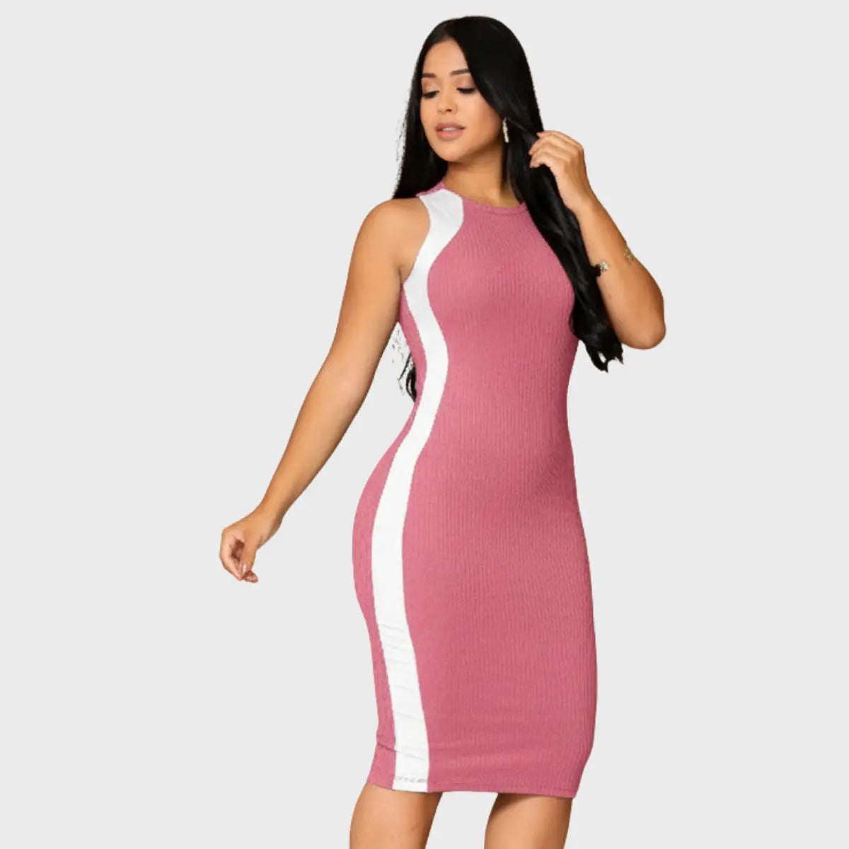 Vestido Canelado Midi Faixas Regata Casual Básico Modelador