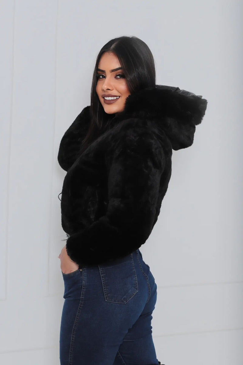 Jaqueta Feminina De Inverno Cropped Dupla Face Com Capuz