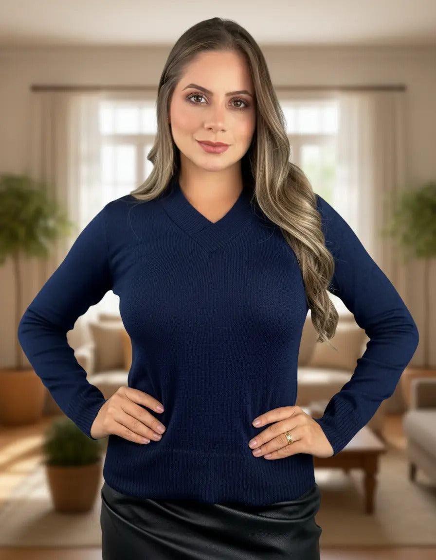Blusa Trico Basica De Frio Feminina Decote V Manga Longa