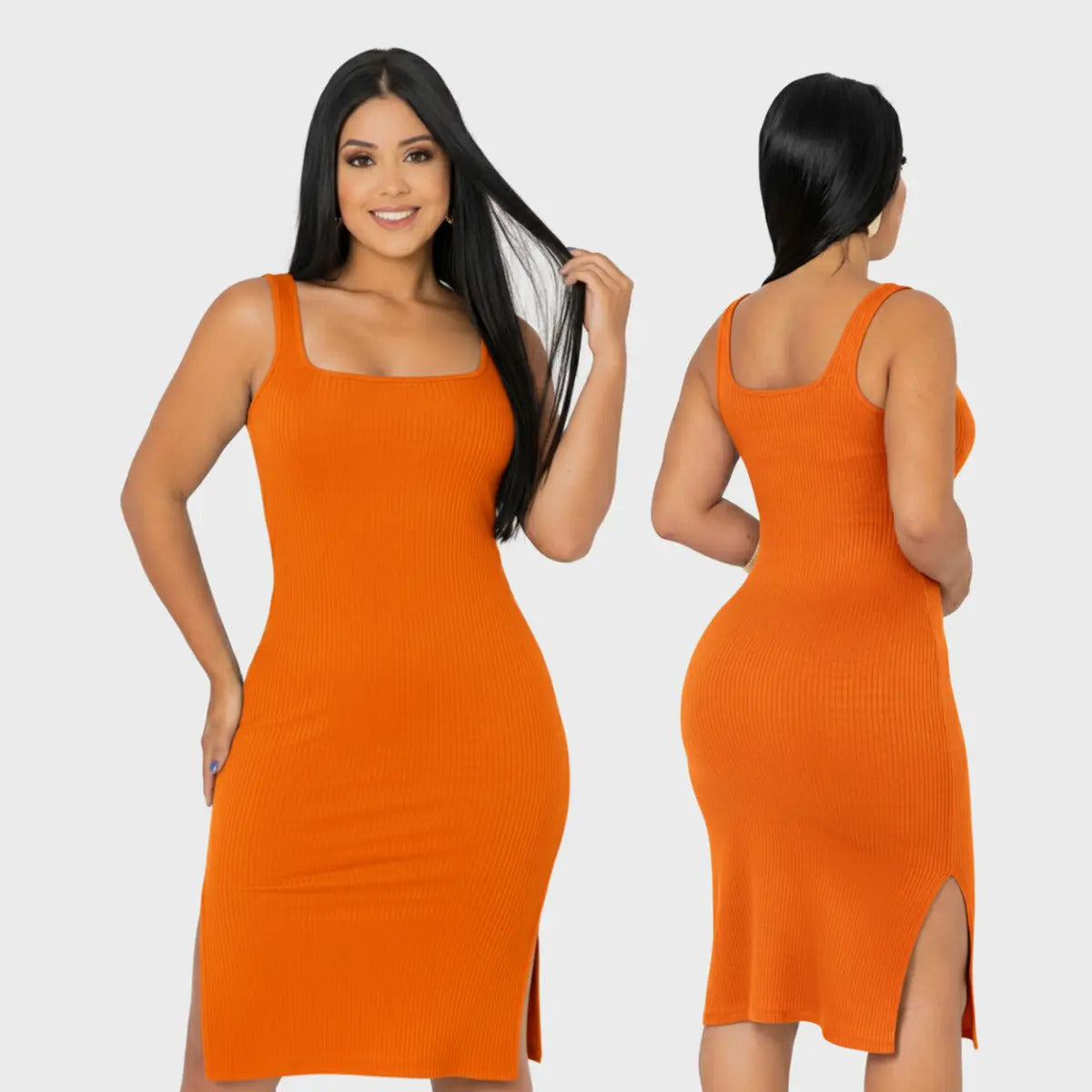 Vestido Midi Canelado Premium Com Alça E Fendas Casual Básico