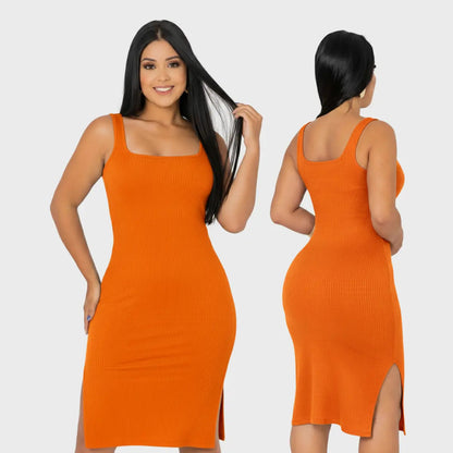 Vestido Midi Canelado Premium Com Alça E Fendas Casual Básico