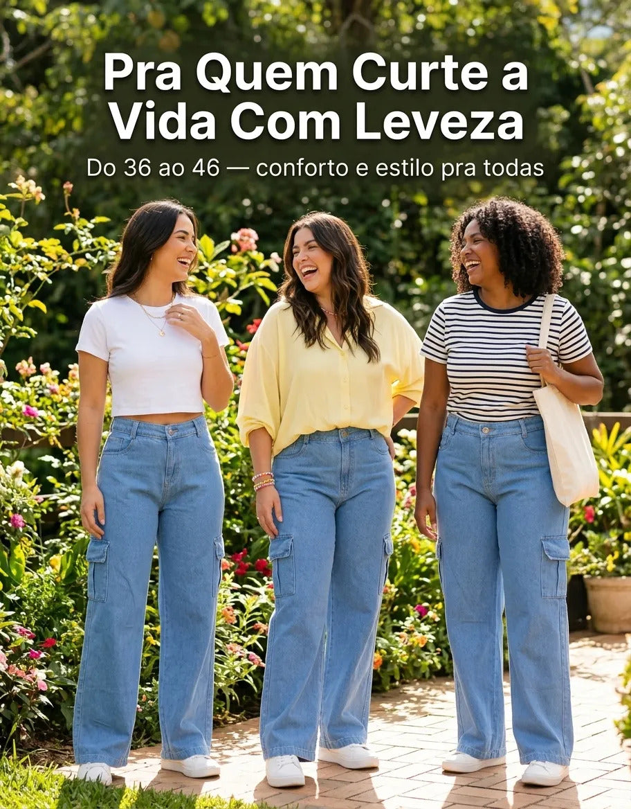 Calça Cargo Feminina Wide Leg Cintura Alta Jeans  Stillger