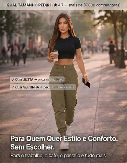 Calça Cargo Jogger Jeans Feminina Cintura Alta Com Lycra