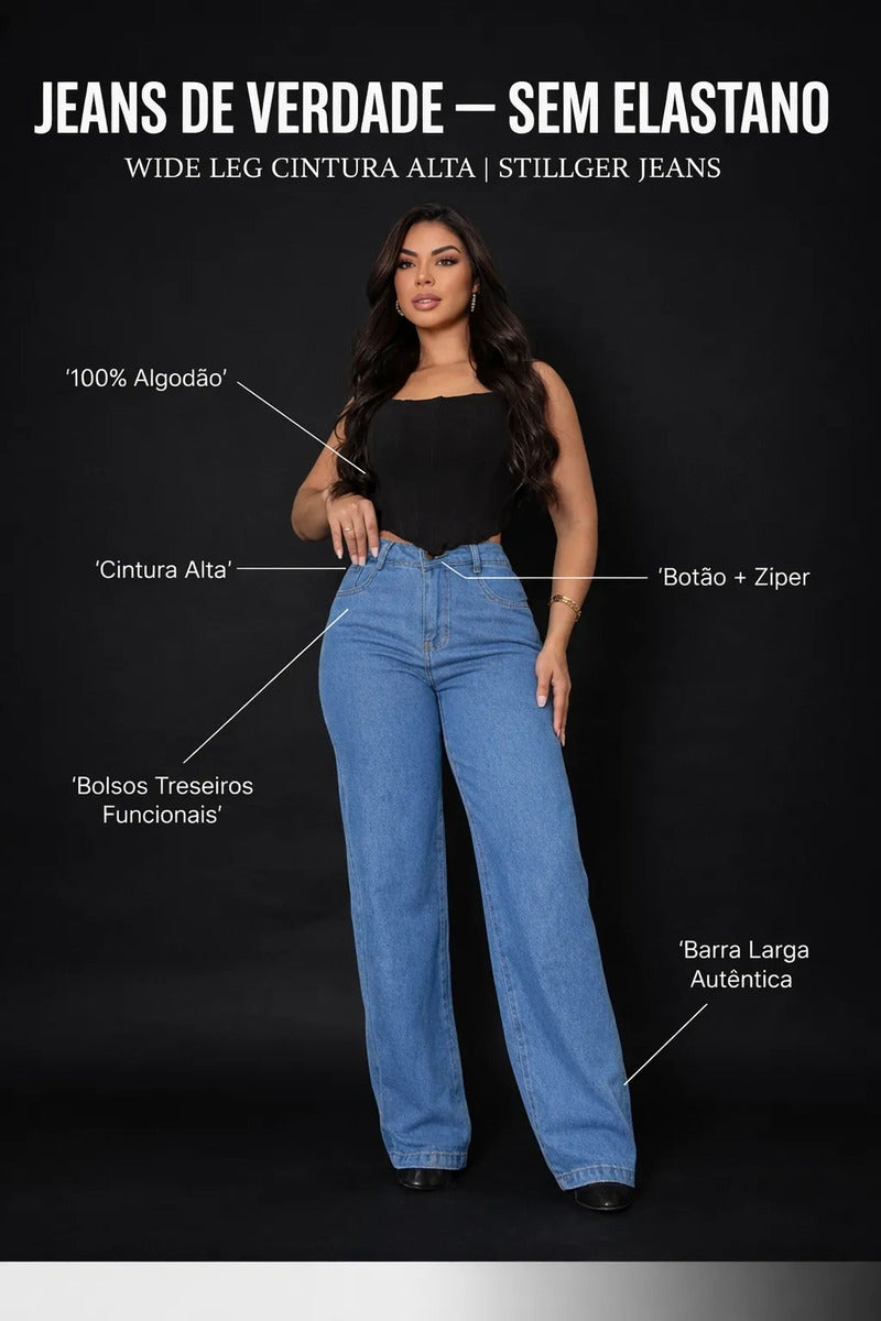 Calça Jeans Wide Leg Feminina Cintura Alta Sem Lycra Stillge