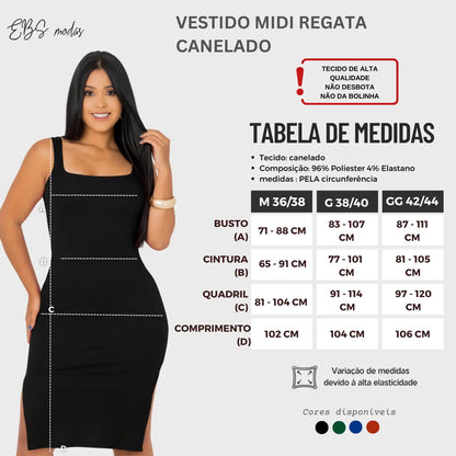 Vestido Midi Canelado Premium Com Alça E Fendas Casual Básico