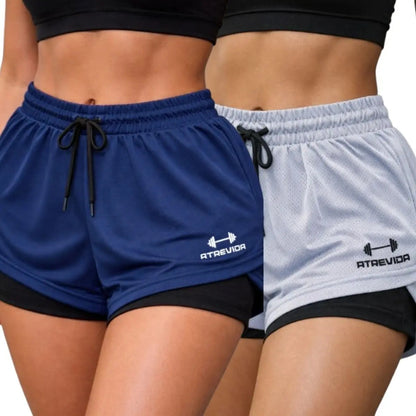 Conjunto 2 Shorts Feminino Compressão Corrida Bolso Oculto