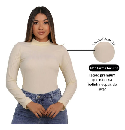 Blusa Feminina Canelada Gola Alta Manga Comprida Cacharrel
