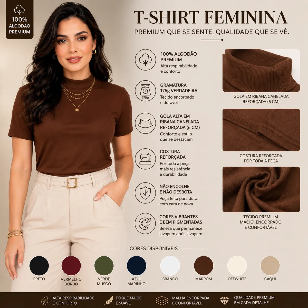 Kit 2 Blusas Camiseta Feminina T Shirt Gola Alta Inverno