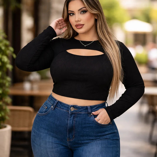 Cropped Feminino Plus Size Manga Longa Com Decote