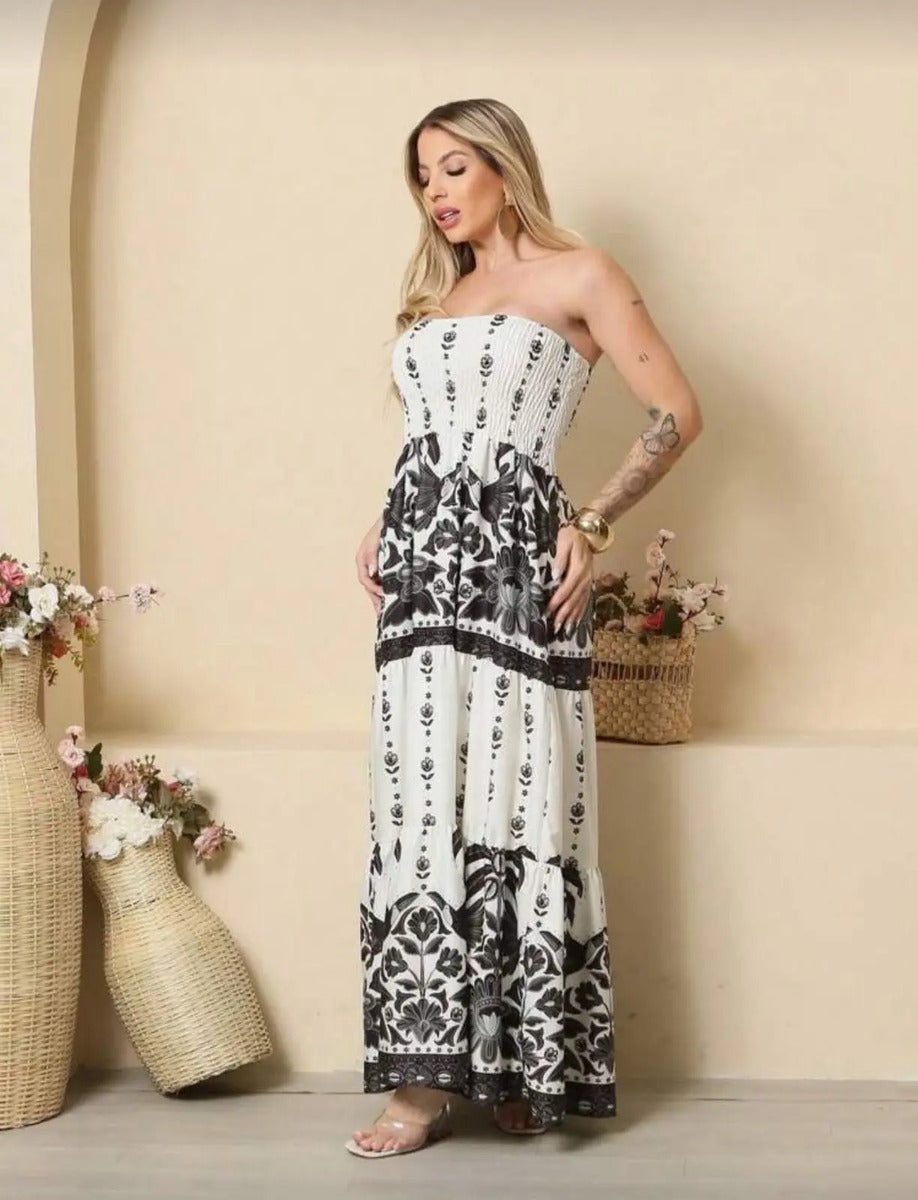 Lightweight Elastic Floral Strapless Long Dress Summer Fashion