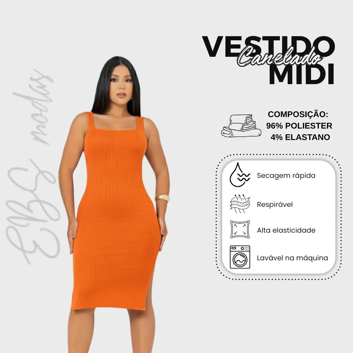 Vestido Midi Canelado Premium Com Alça E Fendas Casual Básico