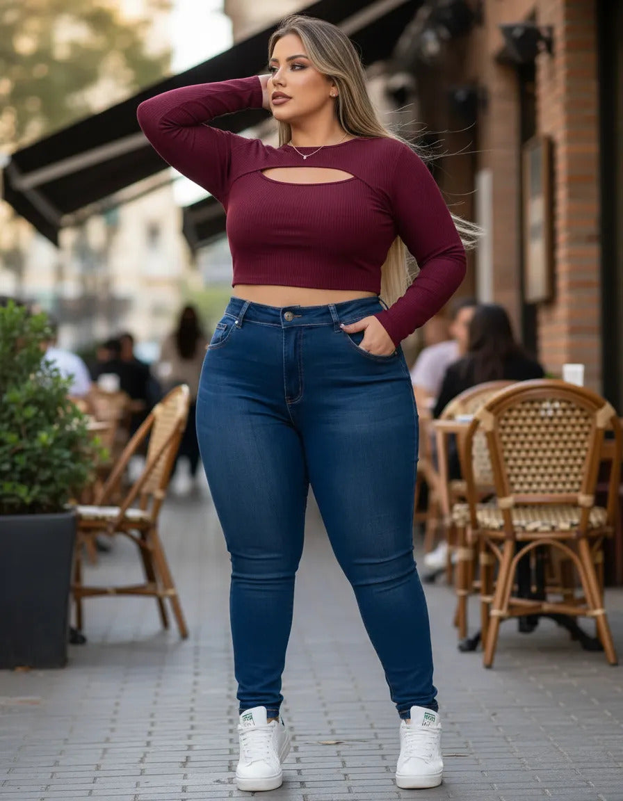 Cropped Feminino Plus Size Manga Longa Com Decote