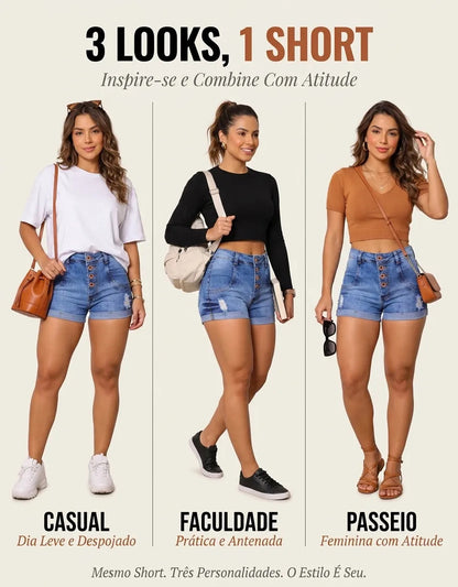 Short Jeans Feminino Cintura Alta C/ Lycra Hot Pant Stillger