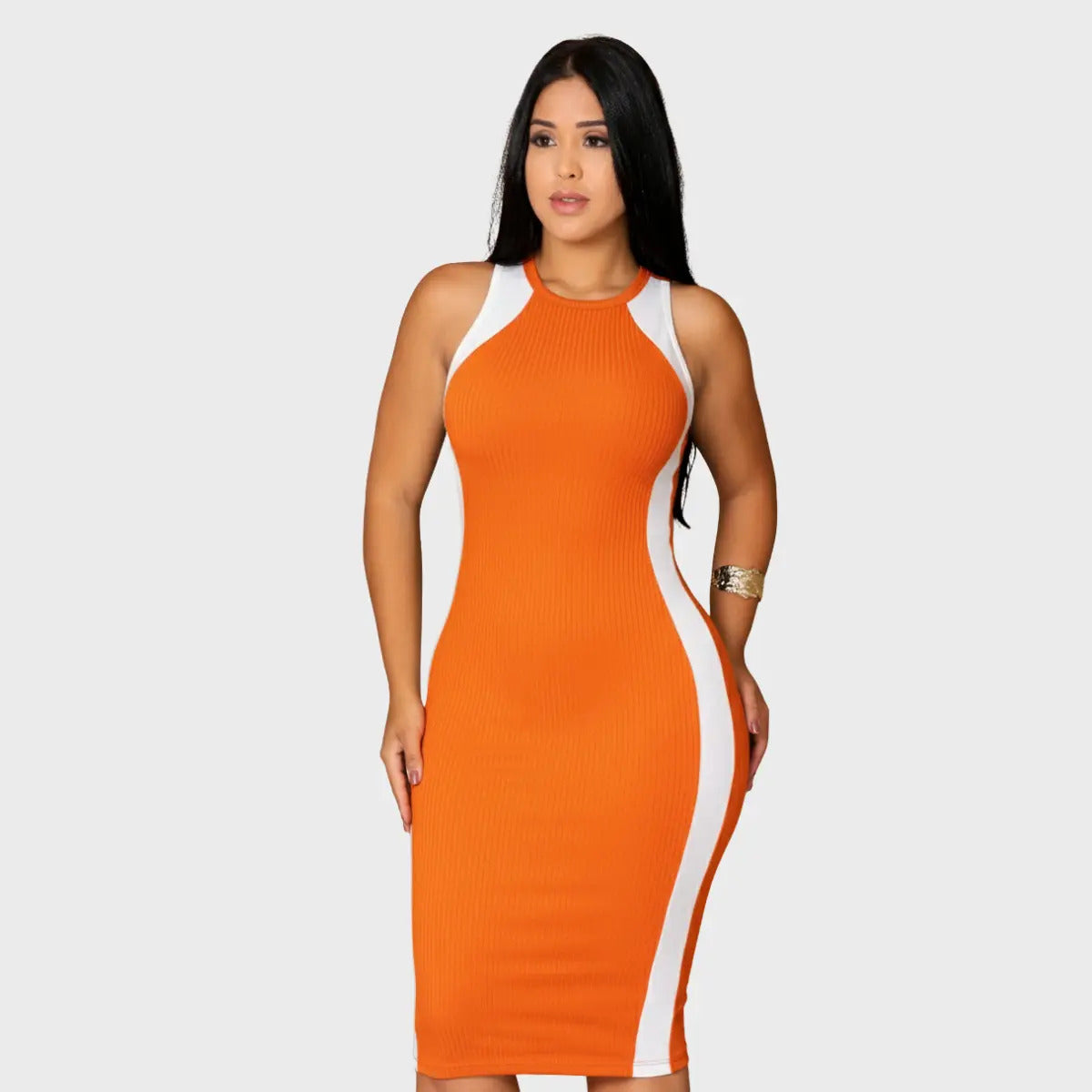 Vestido Canelado Midi Faixas Regata Casual Básico Modelador