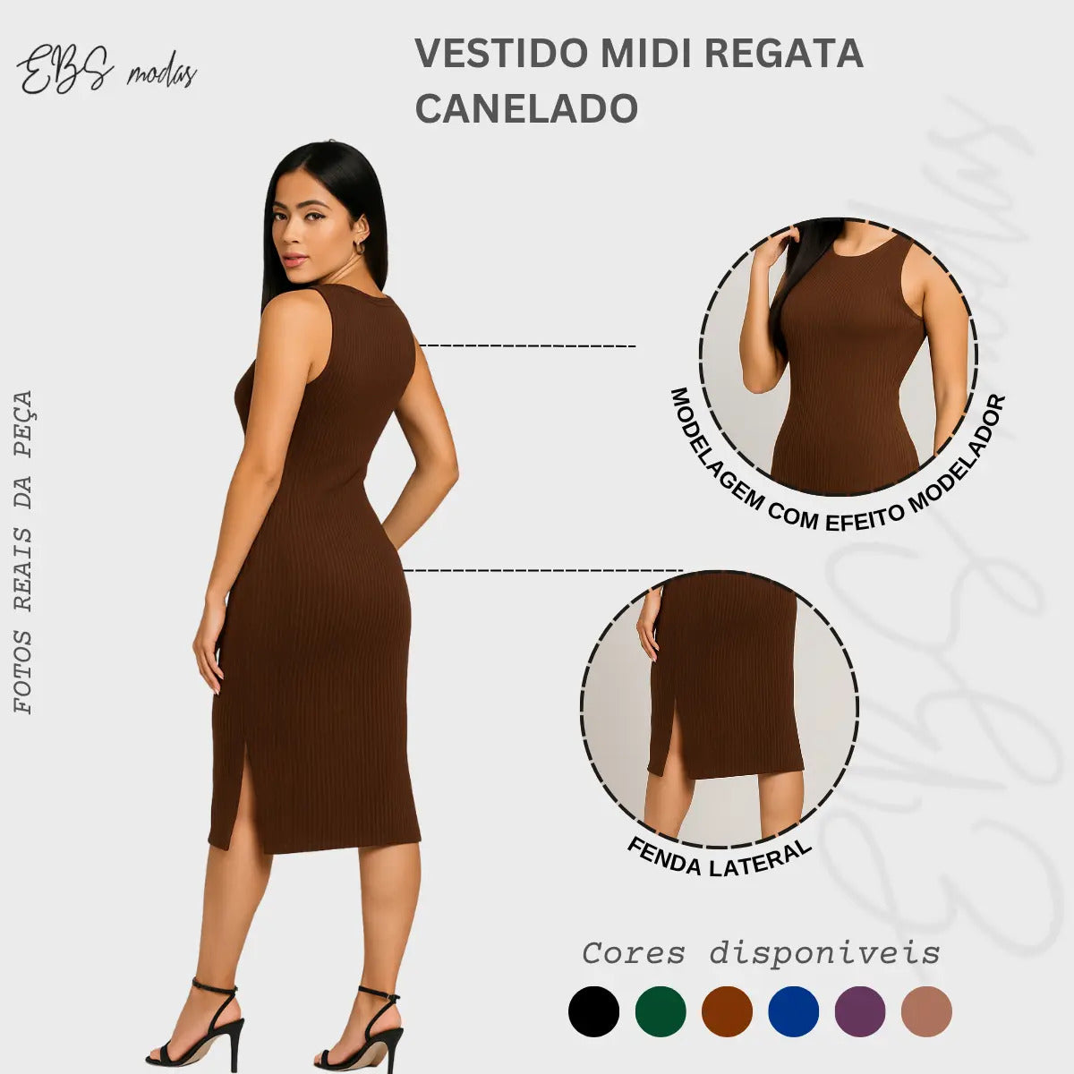 Vestido Canelado Midi Regata Com Fenda Zero Transparência