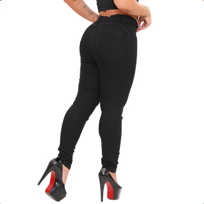 Calça Preta Jeans Feminina Com Elastano Cintura Alta Skinny
