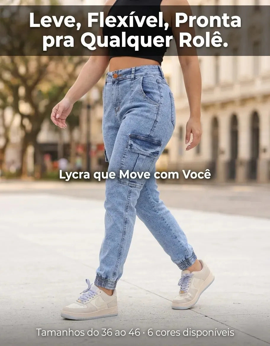 Calça Cargo Jogger Jeans Feminina Cintura Alta Com Lycra