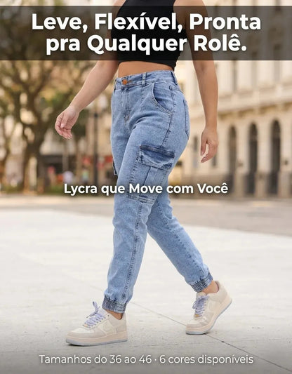 Calça Cargo Jogger Jeans Feminina Cintura Alta Com Lycra