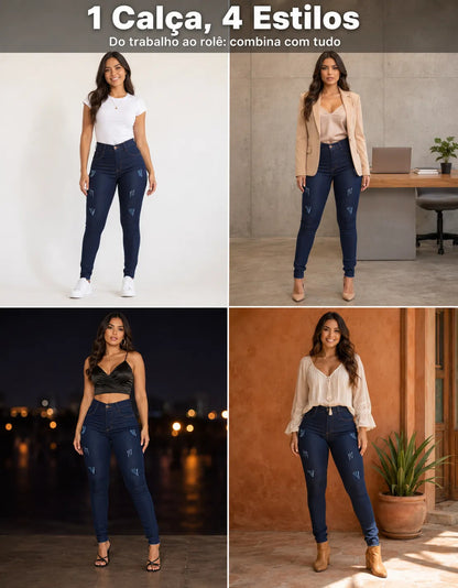 Calça Jeans Feminina Preta Skiny Cintura Alta Levanta Bumbum
