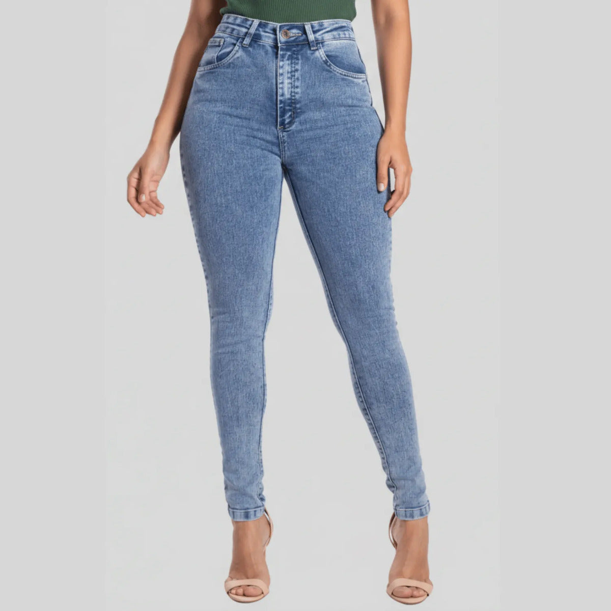 Calça Skinny Jeans Feminina Cintura Alta Marmorizada Lycra