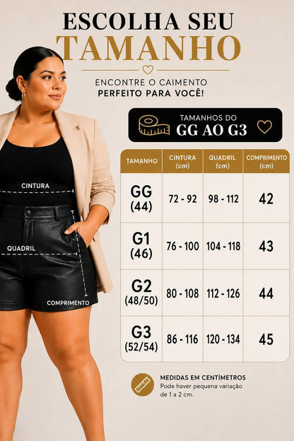 Bermuda Couro Fake Plus Size Feminina Cintura Alta Casual