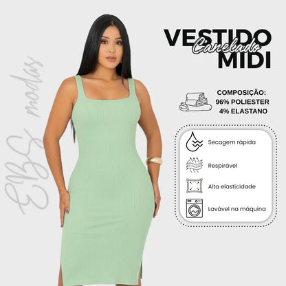 Vestido Midi Canelado Premium Com Alça E Fendas Casual Básico