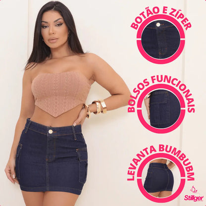 Saia Cargo Feminina Cintura Alta Com Lycra Levanta Bumbum