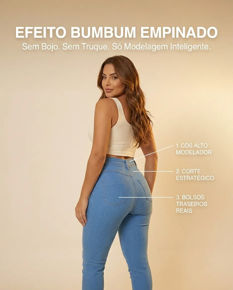 Calça Feminina Jeans Cintura Alta Skinny Levanta Bumbum