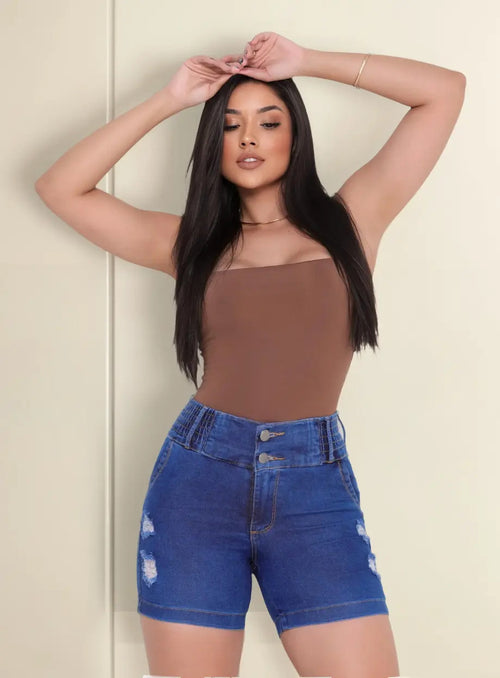Bermuda Meia Coxa Jeans Feminina Com Lycra Cós Alto