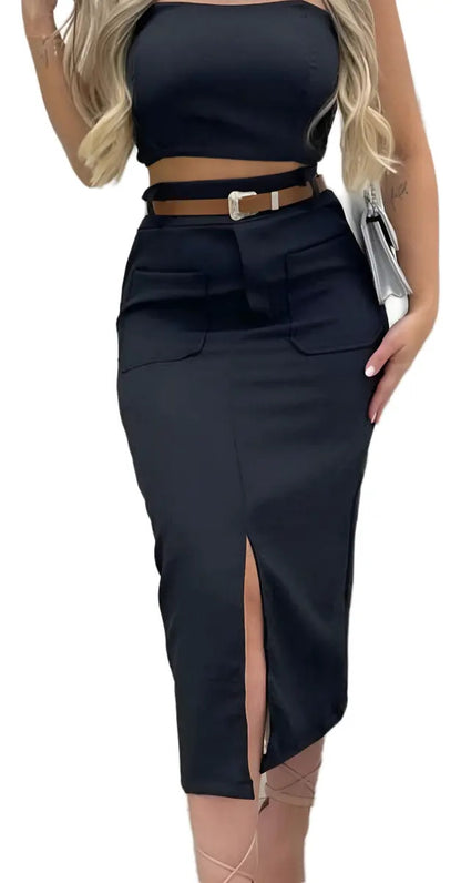 Saia Midi Feminina Com Cinto E Fenda Casual 2025