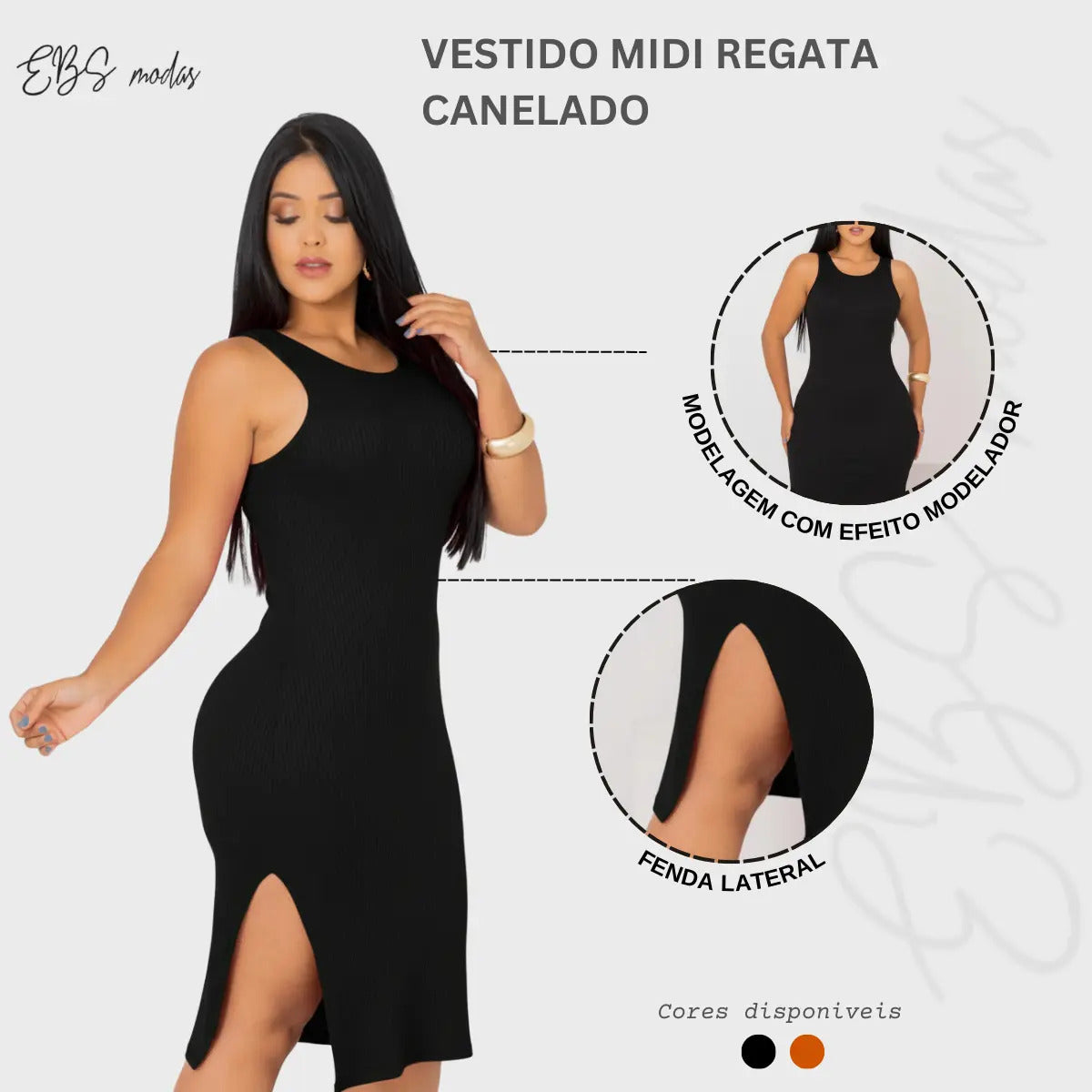 Vestido Canelado Midi Regata Com Fenda Zero Transparência