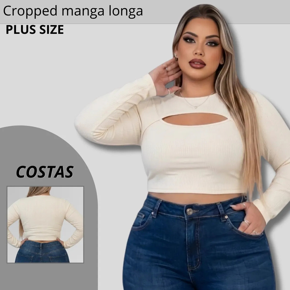 Cropped Feminino Plus Size Manga Longa Com Decote