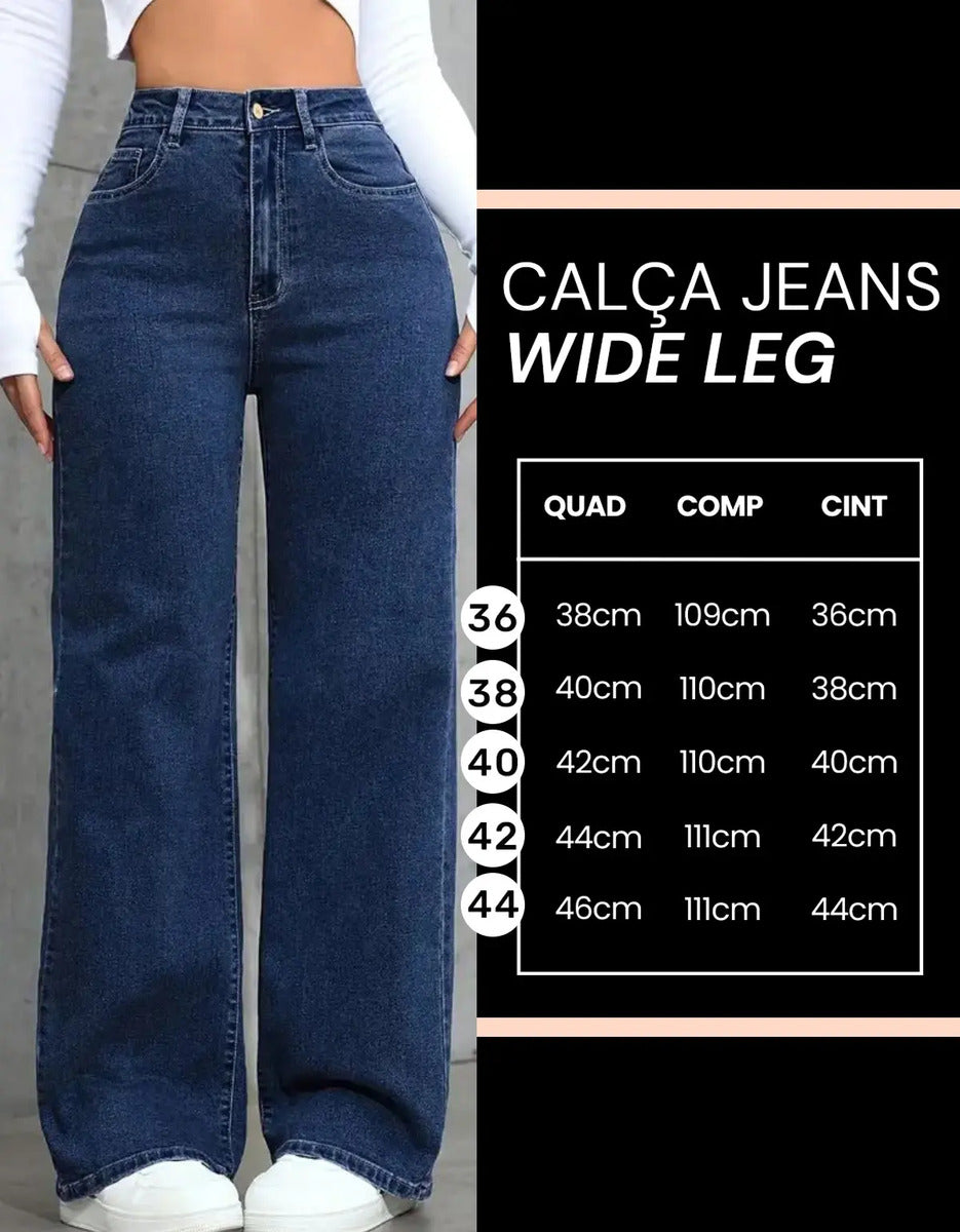 Calça Wide Leg Jeans Feminina Reta Perna Larga Empina Bumbum