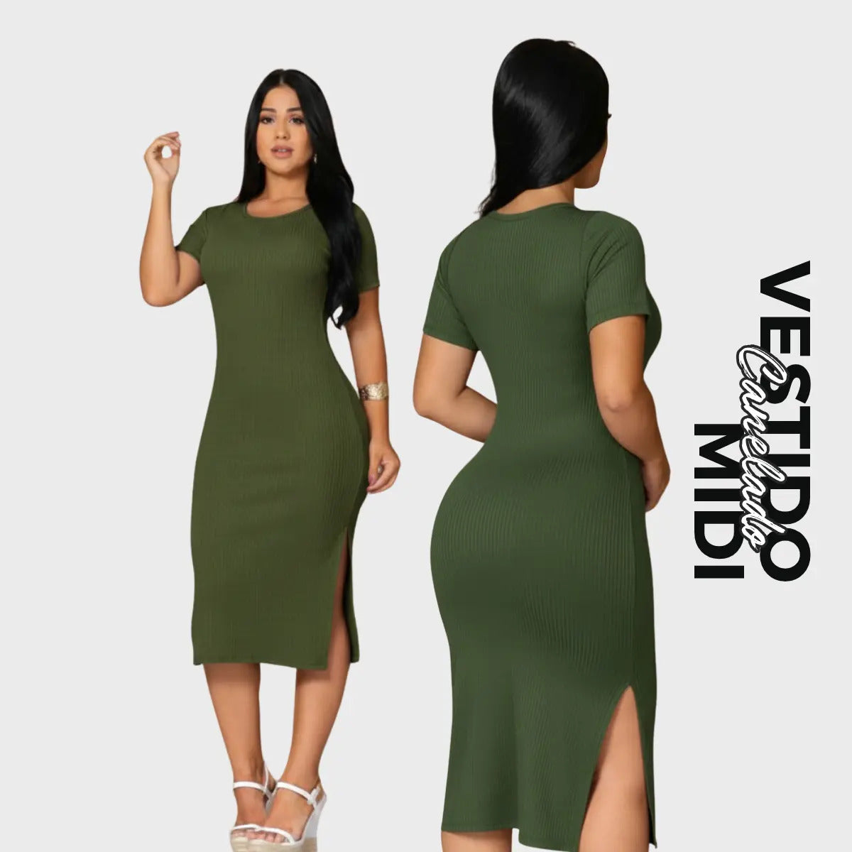 Vestido Canelado Midi Com Manga e Fenda Lateral Casual Básico