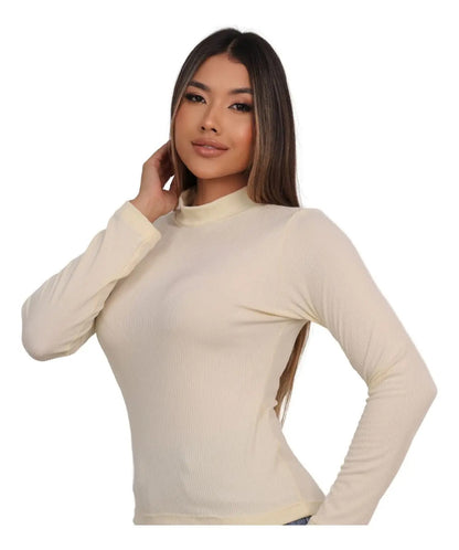 Blusa Feminina Canelada Gola Alta Manga Comprida Cacharrel