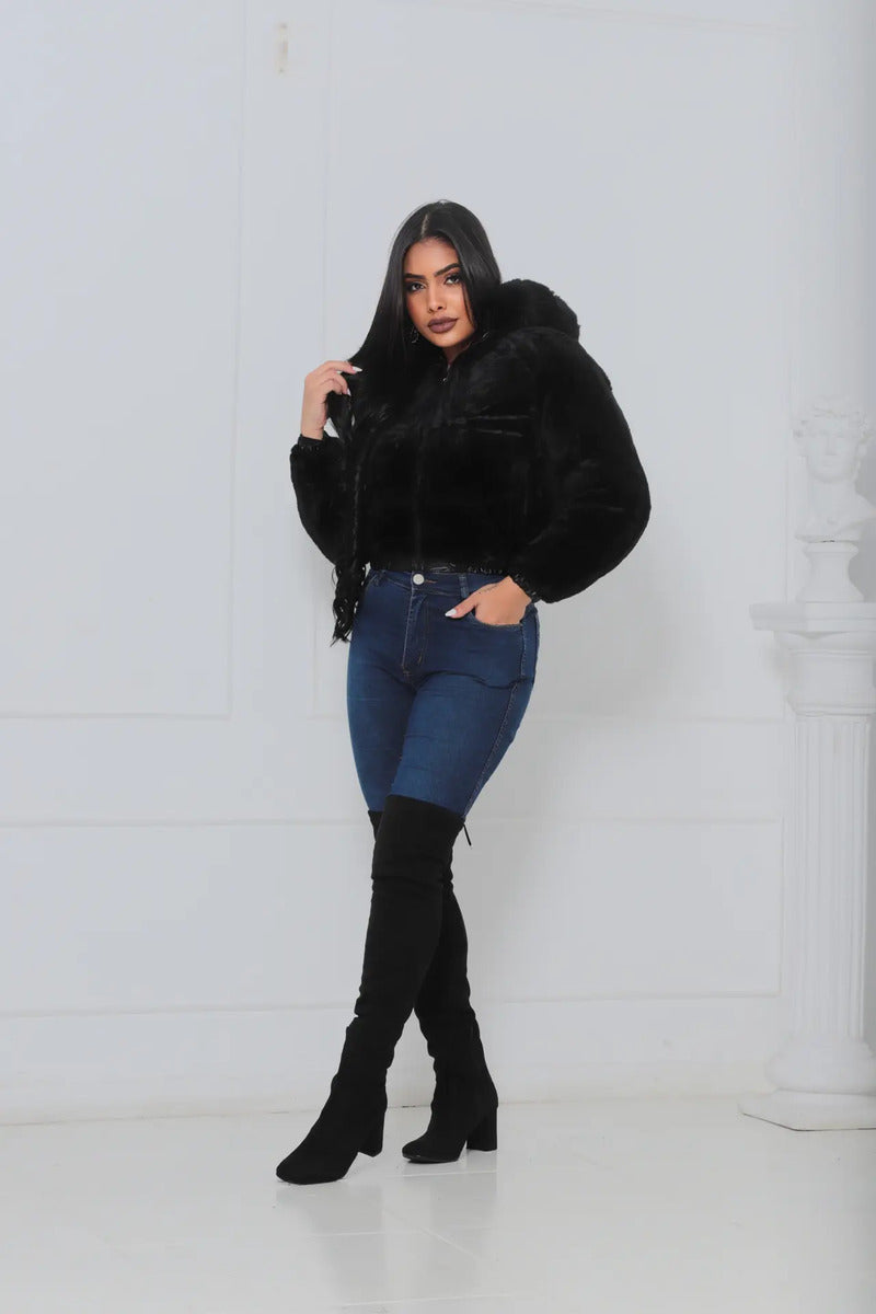Jaqueta Feminina De Inverno Cropped Dupla Face Com Capuz