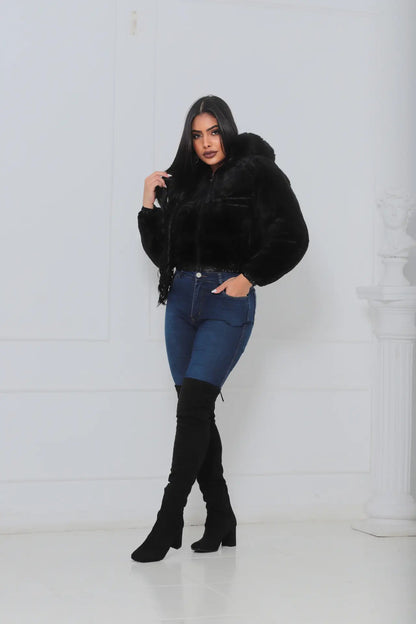 Jaqueta Feminina De Inverno Cropped Dupla Face Com Capuz
