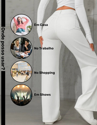 Calça Wide Leg Jeans Feminina Reta Perna Larga Empina Bumbum