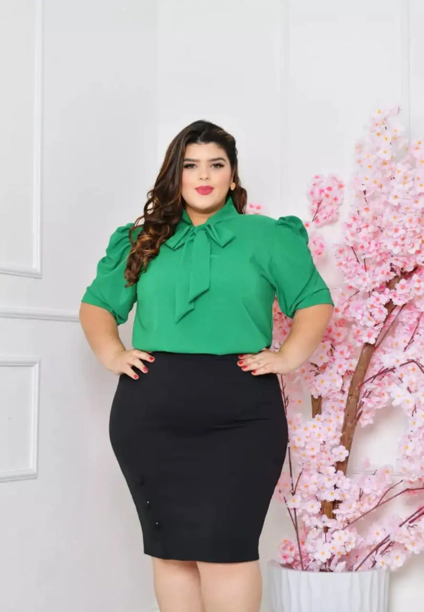 Blusa Feminina Gizele Gola Laço Crepre Seda Manga Franzida