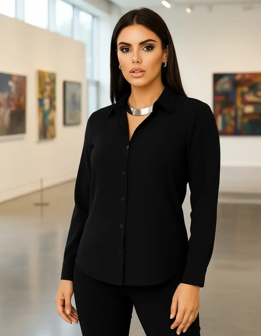 Camisa Blusa Social Feminina Manga Longa De Botão Na Promo