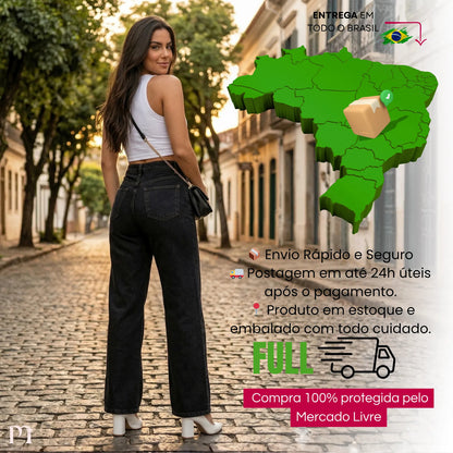Calça Jeans Wide Leg Feminina Cintura Alta Caimento Perfeito