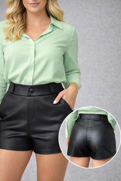 Short Feminino Couro Fake Cintura Alta C Bolsos Casual Moda
