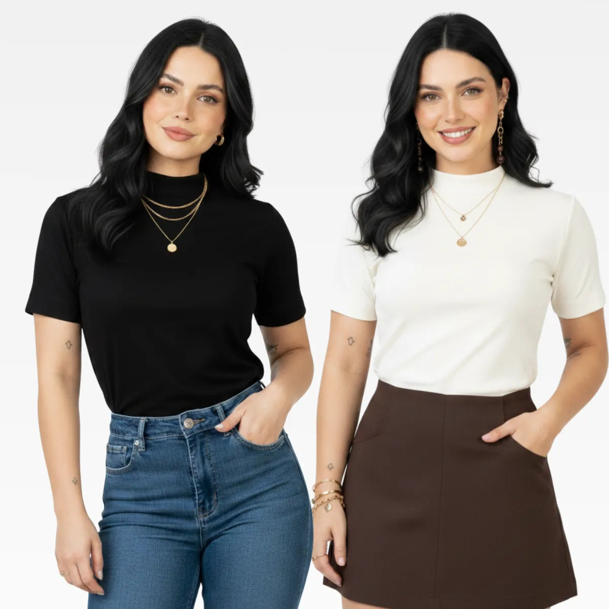 Kit 2 Blusas Camiseta Feminina T Shirt Gola Alta Inverno