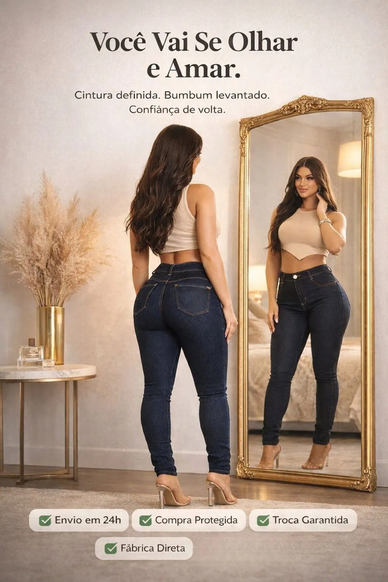 Calça Jeans Feminina Preta Skiny Cintura Alta Levanta Bumbum
