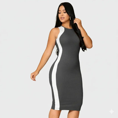 Vestido Canelado Midi Faixas Regata Casual Básico Modelador