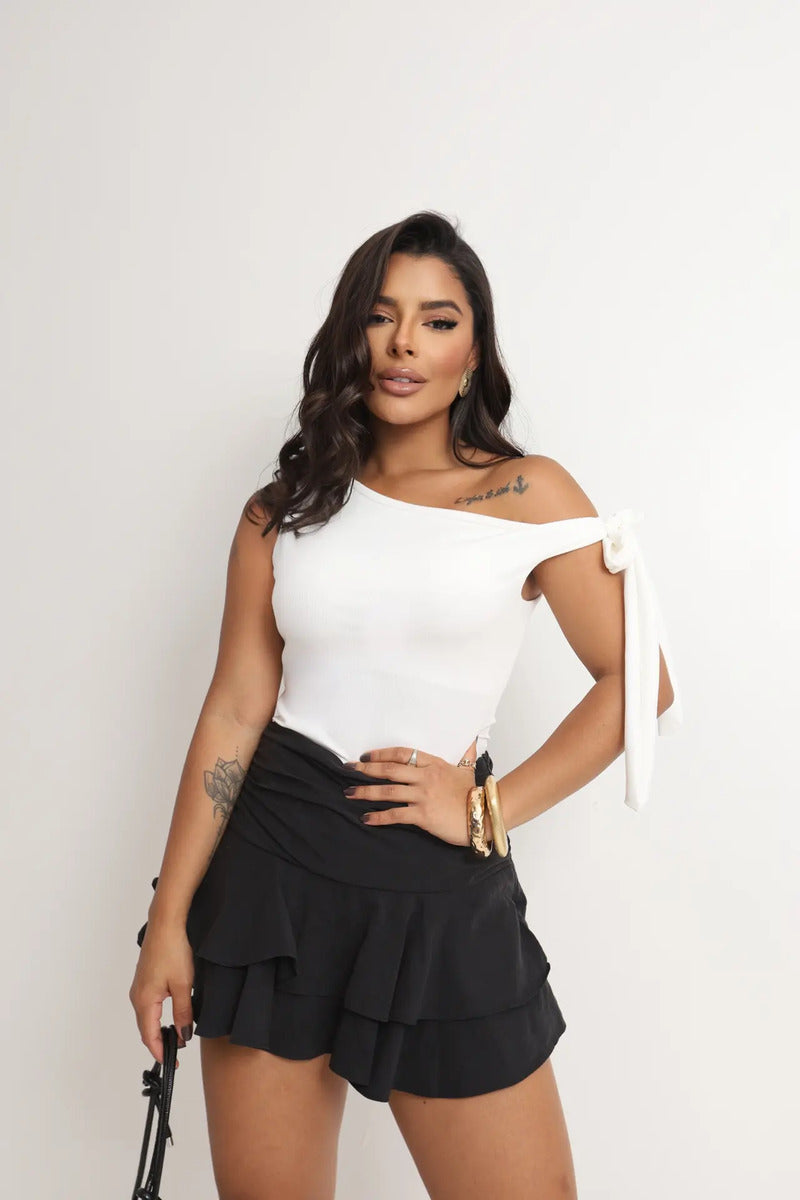 Cropped Feminino Blusa Moderno Manga Laço Amarração