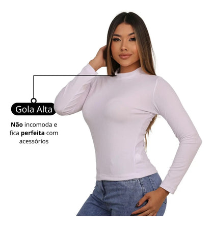 Blusa Feminina Canelada Gola Alta Manga Comprida Cacharrel