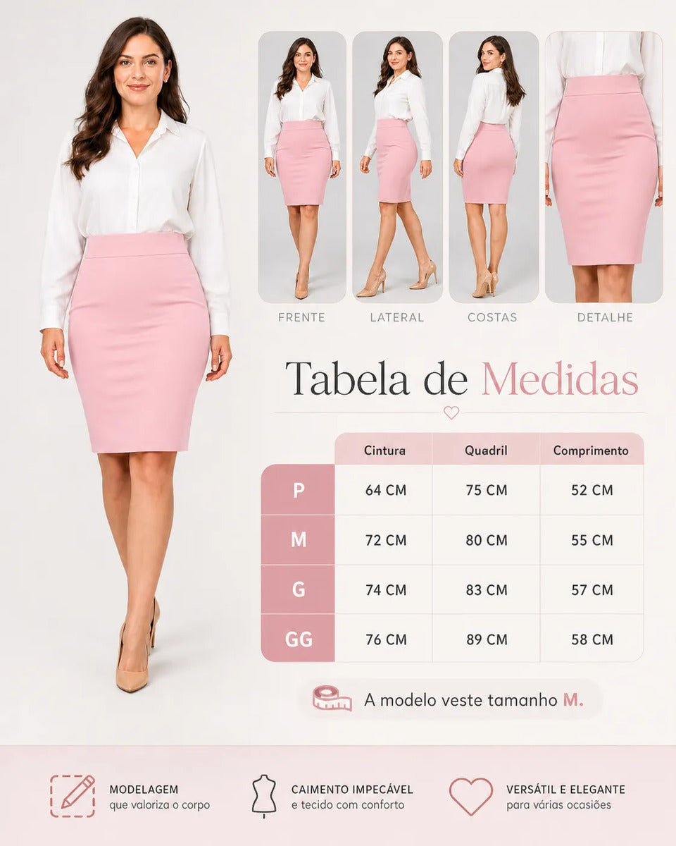 Saia Lapis Midi Social Feminina Secretaria Cintura Alta Lisa